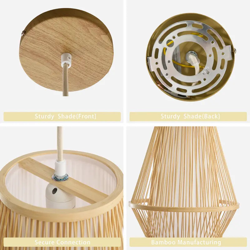 Wabi-Sabi Bamboo Pendant Light, Geometric Stacked Frustum Frame, 6ft Adjustable Cord E26 for Home Decor