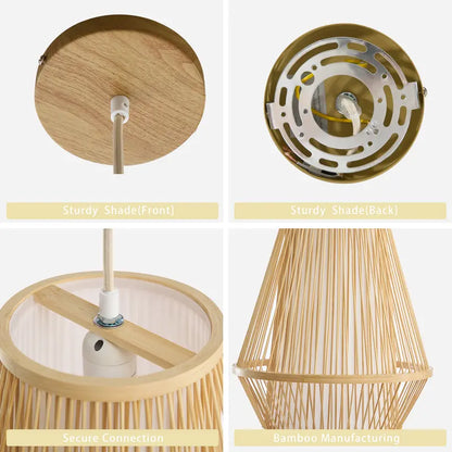 Wabi-Sabi Bamboo Pendant Light, Geometric Stacked Frustum Frame, 6ft Adjustable Cord E26 for Home Decor
