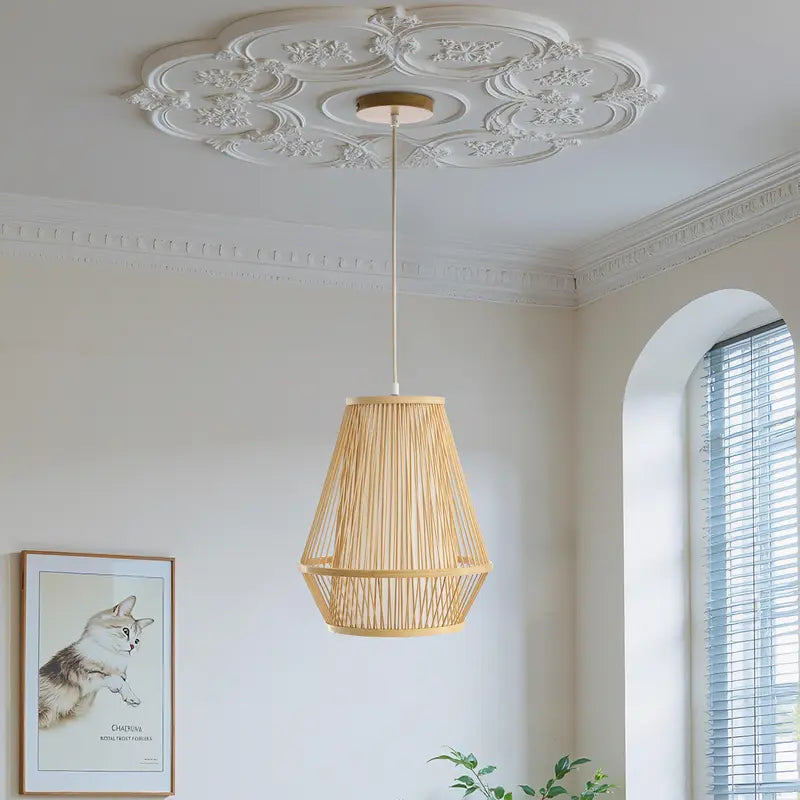 Wabi-Sabi Bamboo Pendant Light, Geometric Stacked Frustum Frame, 6ft Adjustable Cord E26 for Home Decor