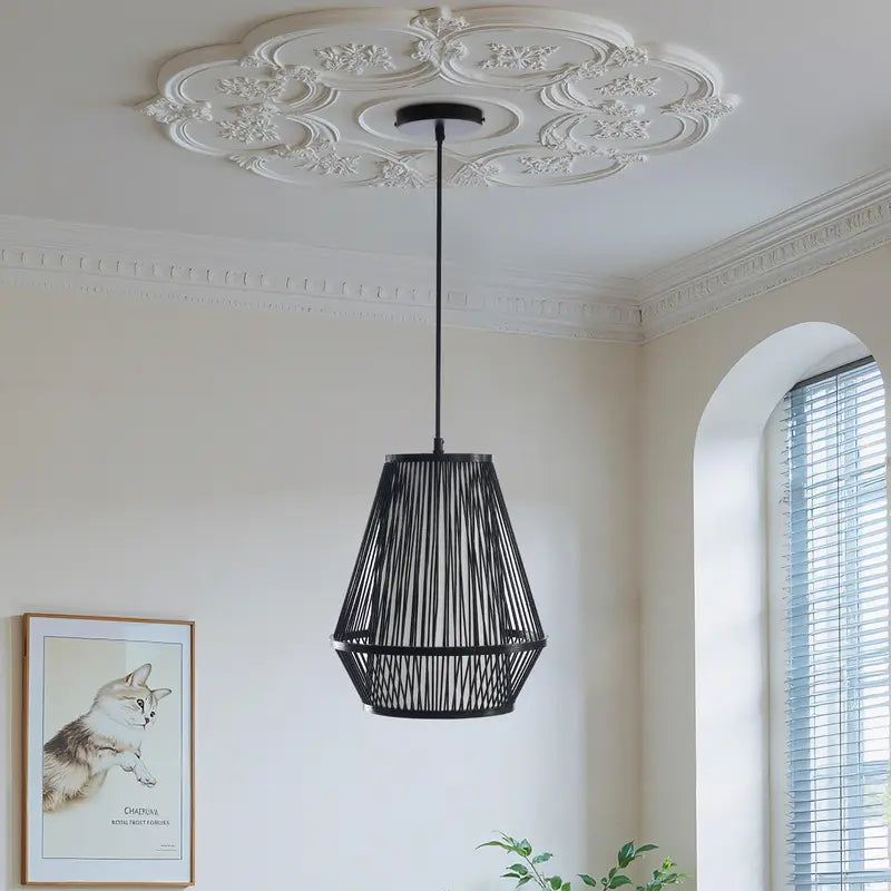 Wabi-Sabi Bamboo Pendant Light, Geometric Stacked Frustum Frame, 6ft Adjustable Cord E26 for Home Decor
