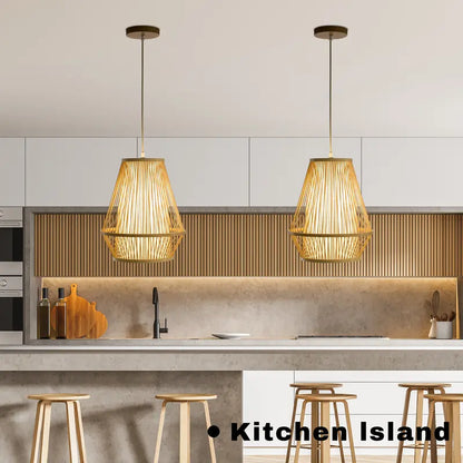 Wabi-Sabi Bamboo Pendant Light, Geometric Stacked Frustum Frame, 6ft Adjustable Cord E26 for Home Decor