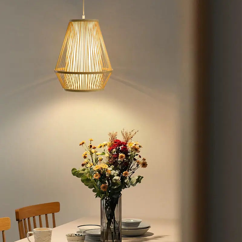 Wabi-Sabi Bamboo Pendant Light, Geometric Stacked Frustum Frame, 6ft Adjustable Cord E26 for Home Decor