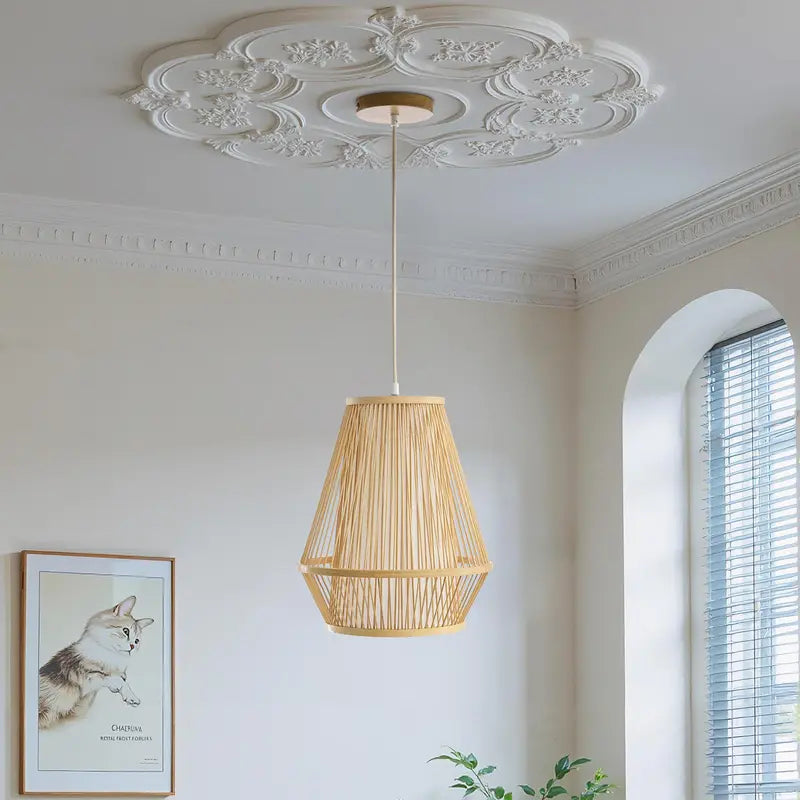Wabi-Sabi Bamboo Pendant Light, Geometric Stacked Frustum Frame, 6ft Adjustable Cord E26 for Home Decor
