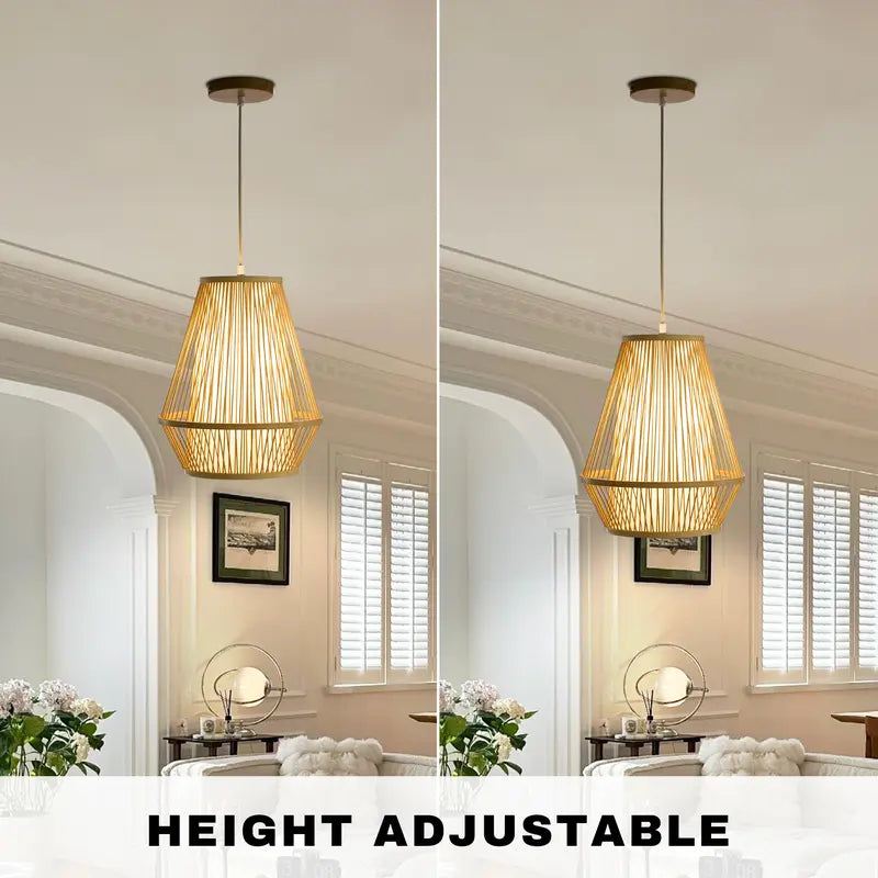 Wabi-Sabi Bamboo Pendant Light, Geometric Stacked Frustum Frame, 6ft Adjustable Cord E26 for Home Decor